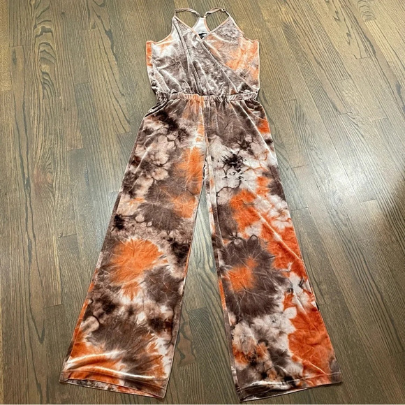 Young Fabulous & Broke Tie Dye Orange Velvet Jumpsuit - Picture 1 of 9